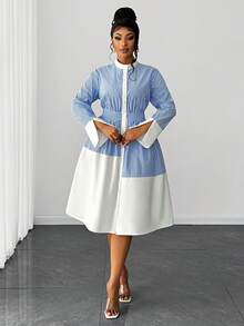 SHEIN Clasi 大码女式优雅休闲日常百搭高端条纹拼接连衣裙，收腰设计，立领，腰部褶皱设计，开衩袖口设计，休闲百搭纽扣前襟设计 - 彩色 - 查看 4