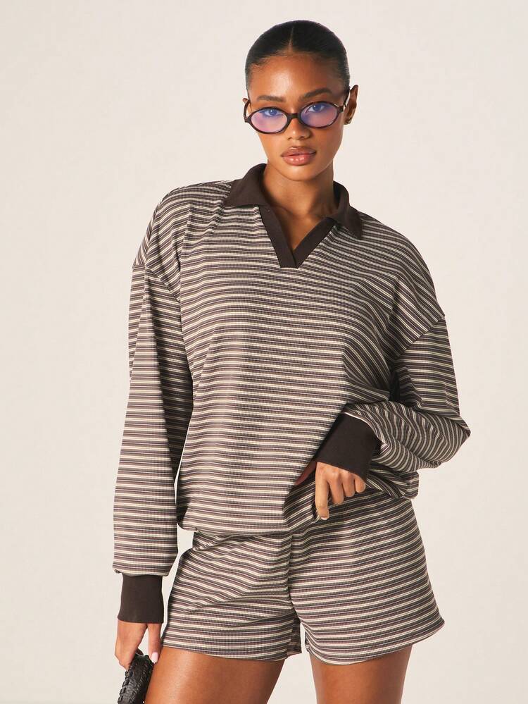 MISSGUIDED Women's Ribbed Striped Lounge Shorts With Elastic Waistband Casual Drawstring Relaxed Fit Pajama Bottom Summer Comfort Sleepwear Soft Stretch Loungewear