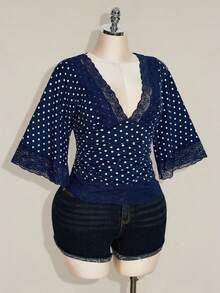 SHEIN ICON Áo cỡ lớn phong cách Y2K chấm bi gợi cảm cổ chữ V phối ren tay loe - Màu xanh hải quân - Xem 7