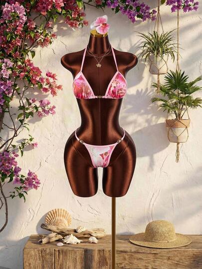 Amplova Women's Vacation Leopard Floral 2 Pieces Swimwear Set, Triangle Top With Halter, Contrast Binding Details, Mini Triangle Bottoms, Suitable For Holiday Wear