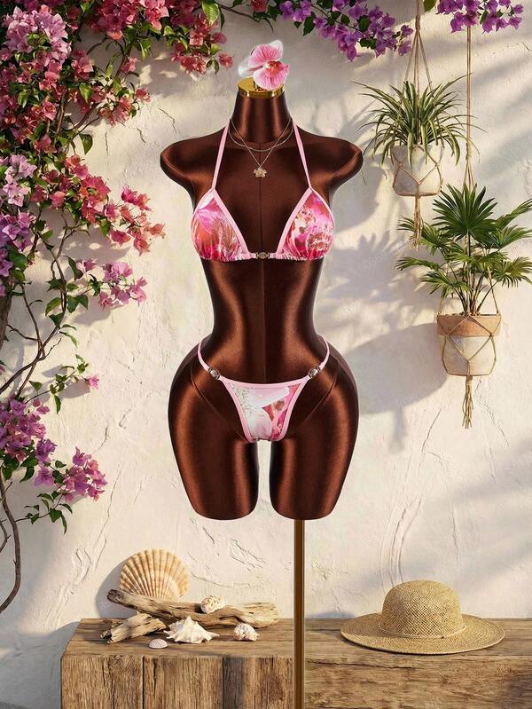 Amplova Women's Vacation Leopard Floral 2 Pieces Swimwear Set, Triangle Top With Halter, Contrast Binding Details, Mini Triangle Bottoms, Suitable For Holiday Wear