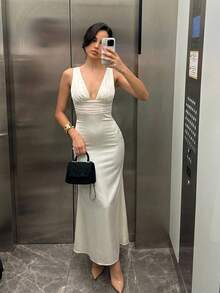 Aloruh 女士性感网纱拼接仿透视露背V领紧身连衣裙，适合婚礼、情人节约会、派对、休闲外出等场合，香槟色 - 香檳色 - 查看 10