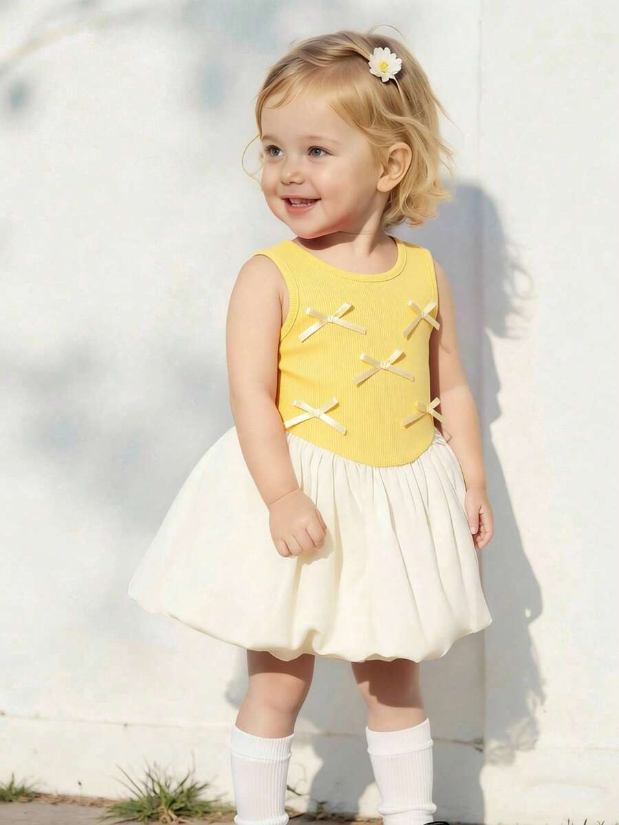 Souflis Souflis Baby Girl Patchwork Round Neck Bow Decor Ruffle Fashion Party Dress - Yellow - View 1