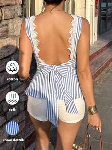 Elyressa Camiseta de mujer con diseño de espalda abierta, lazos y encaje a contraste con rayas - Azul - Ver 6