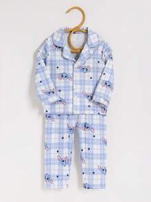 2件套幼儿男童可爱卡通蓝色兔耳星星印花休闲舒适Polo领开衫和裤子套装，家居服 - 藍色 - 查看 2