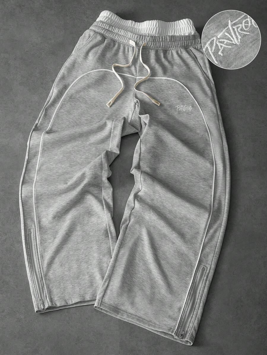 PAVTROS 男士抽绳腰带字母刺绣休闲运动裤 - 灰色 - 查看 1