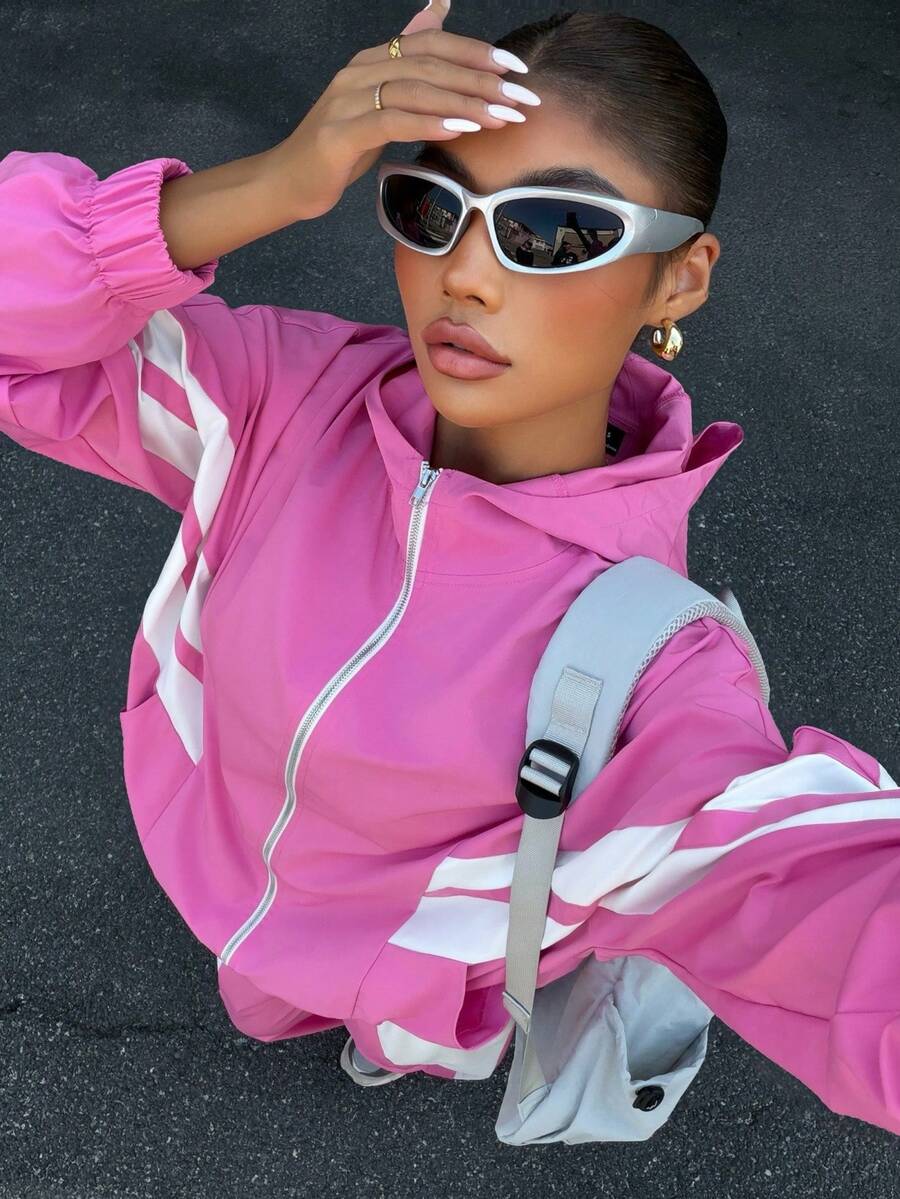 Muchica Áo khoác nhẹ màu hồng tương phản, thích hợp mặc ngoài trời mùa xuân/hè để chống nắng. - Nhiều màu - Xem 1