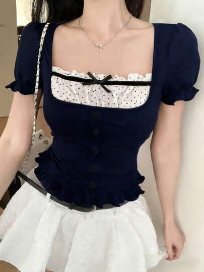 DAZY Women Casual Contrast Bowknot Short Sleeve T-Shirt, Cute Top,Back To School Clothes