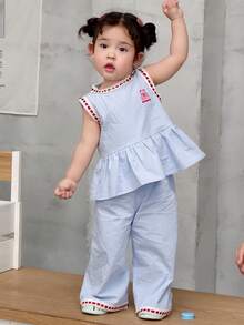 Dazy Kids Bộ 2 món áo và quần không tay cổ tròn kiểu Hàn Quốc viền bèo cho bé gái sơ sinh/trẻ nhỏ - Màu xanh lam - Xem 6