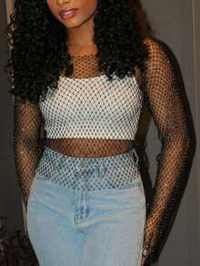 Steph T 透明鱼网金属上衣，女士派对透明落肩圆领常规版型黑色纯色女式上衣，春夏，派对/夜总会服装 - 黑色 - 查看 4