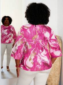 EMERY ROSE Plus Size Elegant All-Over Print Loose Round Neck 3/4 Sleeve Shirt,Going Out Tops - Hot Pink - View 2