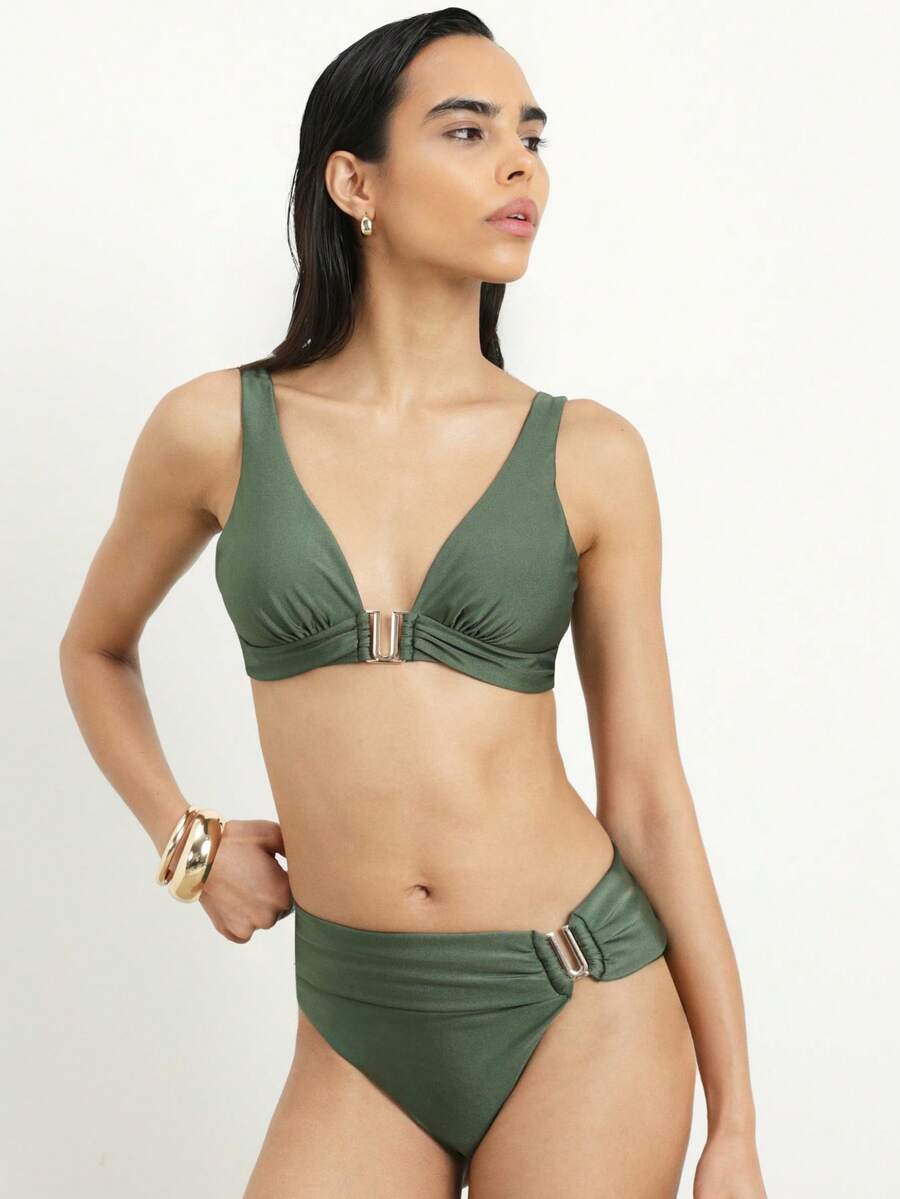 KSTM Áo bikini cổ chữ V cho nữ với chi tiết khóa kim loại và thiết kế buộc dây phía sau, đồ bơi mùa hè, vật dụng cần thiết cho kỳ nghỉ đi biển, hồ bơi. - màu xanh lá - Xem 1