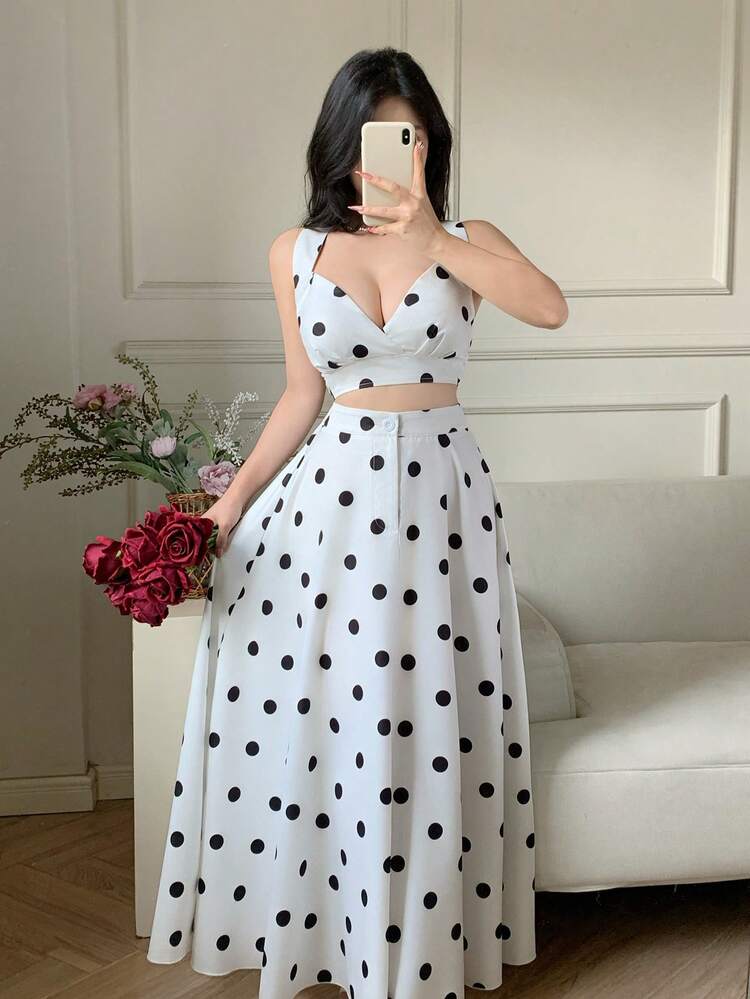 Celisse Conjunto de 2 piezas de top sin mangas y falda con estampado de lunares para mujer - Blanco y Negro - Añade 5