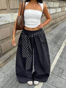 Coolane Polka Dot Print Twist Elastic Waist Casual Wide Leg Woven Women Pants - Black - View 5