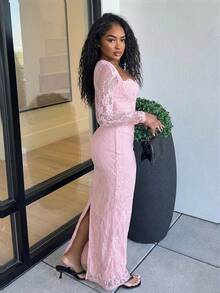 Alexandranx Váy bó sát tay dài ren chữ S gợi cảm mới cho nữ có corset và cổ vuông cho tiệc tùng, hẹn hò, buổi tối, màu đen, mùa thu/đông - Màu Hồng baby - Xem 3