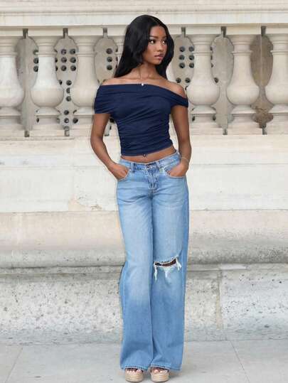 Mima John 女士纯色褶皱不对称肩部夏季衬衫