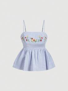 SHEIN MOD Áo hai dây babydoll kẻ sọc thêu hoa phong cách thường ngày dành cho nữ mùa hè, đi nghỉ mát. - Xanh và trắng - Xem 3