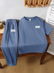SHEIN 2-Pack Tween Boy Dusty Blue Summer Casual City Break Sports Set,Round Neck T-Shirt And Trousers Outfit For Kids,Back To School Birthday Clothes - Dusty Blue - View 2