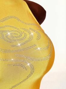 Amplova Y2K Rhinestone Embellished Top With Asymmetrical Hem, Low Waist Women Shorts, 2-Piece Set - Yellow - View 9