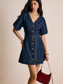 Poéselle 牛仔连衣裙，显瘦减龄，可爱泡泡袖 - 中等水洗藍 - 查看 4