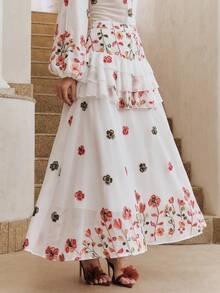 Anewsta Romantic French Floral Embroidery Layered Ruffle Hem High Waist Skirt - White - View 4