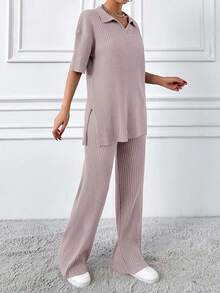 EURMUSE Cotton Two Pieces Set Polo Neck Top And Pant Set Rib Knit Fabric - Baby Pink - View 4