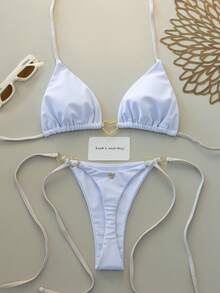 Swim Mod Bộ bikini hai mảnh màu trắng sữa với khóa kim loại hình trái tim, kiểu dáng yếm, thích hợp cho kỳ nghỉ xuân/hè bên bờ biển. - Nhiều màu - Xem 5