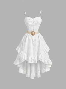 SHEIN MOD 女士夏季休闲纯色镂空刺绣荷叶边吊带中长连衣裙 - 白色 - 查看 4