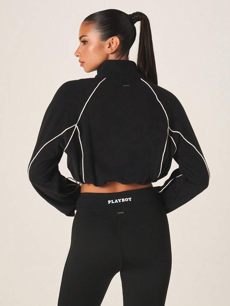 Missguided x Playboy Women's Black Half-Zip Fleece Pullover Jacket With White Piping Athletic Windbreaker - Black - View 2