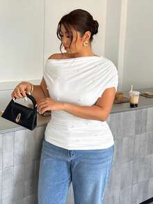 Firerie Plus Size Elegant Solid Color Asymmetric Neck Beaded Decor T-Shirt, Summer - White - View 5