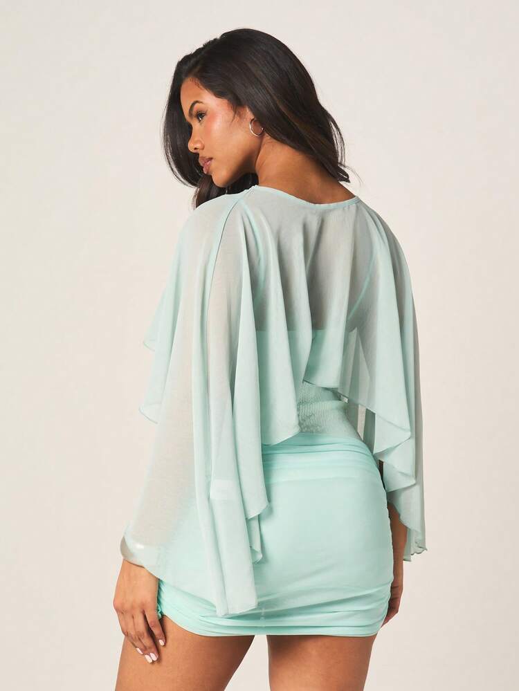 MISSGUIDED Women's Sheer Chiffon Beach Cover Up Cape With Ruched Bodycon Dress Underneath Summer Poolside Resort Wear