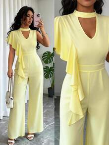 SHEIN Elenzya Bộ jumpsuit nữ dáng suông, cổ lệch vai, eo khoét rỗng, cổ bèo nhún, ống rộng, thanh lịch, thích hợp mặc hàng ngày, đi nghỉ mát, phong cách Pháp thường ngày, đi làm, công sở, hẹn hò lãng mạn, không tay, màu vàng nhạt, thích hợp cho đầu xuân/xuân & hè. - Vàng nhạt - Xem 7