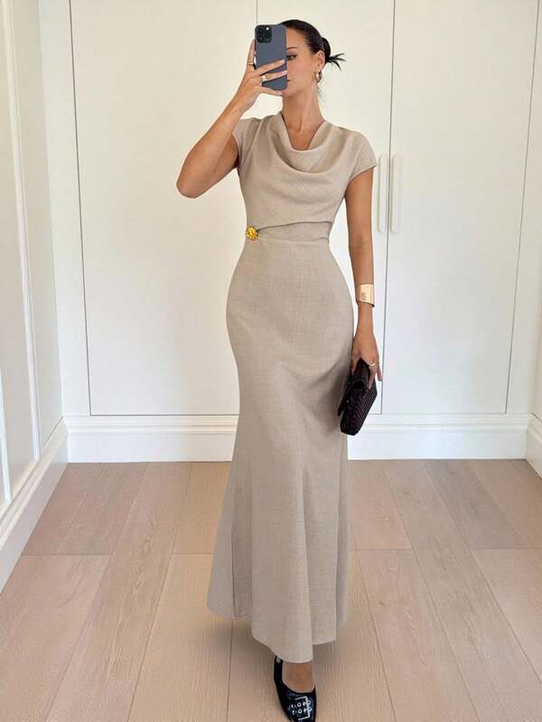 Siren Gaze Elegant And Sophisticated Apricot-Colored Slim-Fit Long Dress – Featuring A Graceful Draped Neckline, Metallic Embellishments At The Waist, And A Flattering Silhouette Perfect For Spring And Summer ,Summer Dress,Elegant Dress