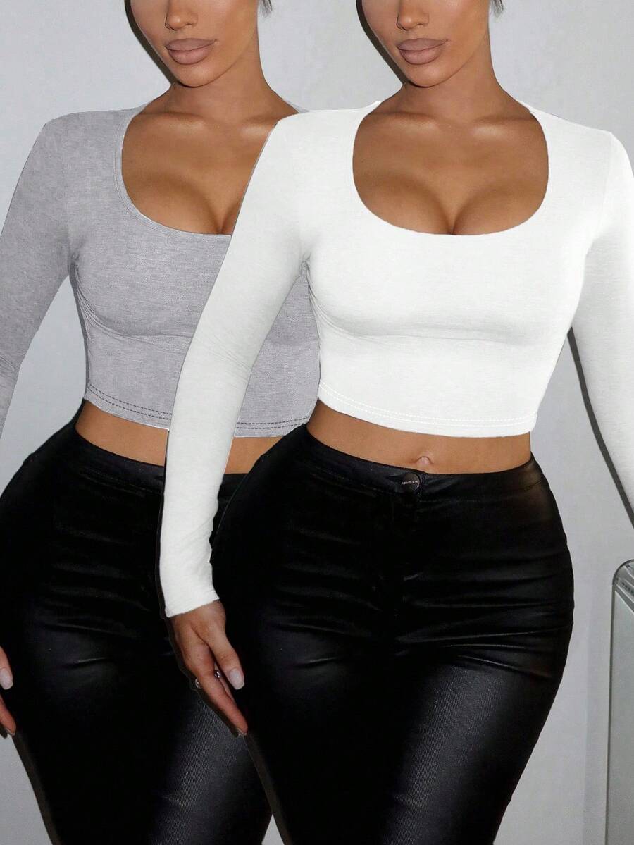 SHEIN SXY 2pcs/Set Sexy Wide Neck Long Sleeve Tight Fit T-Shirt - Multicolor - View 1