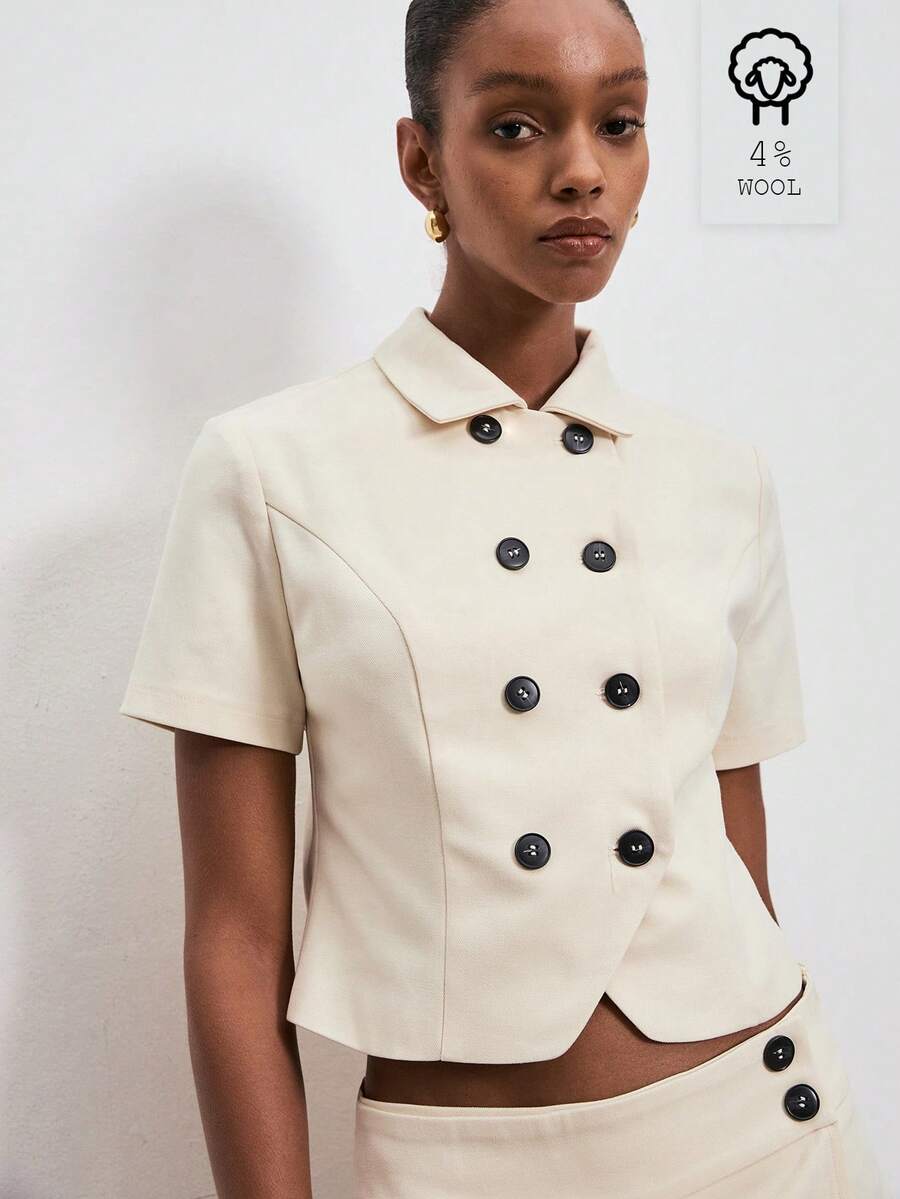 ATUI Studio Áo blazer nữ tay ngắn màu trơn, kiểu dáng hai hàng cúc, thích hợp mặc thường ngày hoặc đi làm. - Màu Khaki - Xem 1