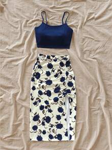 Soleia Bộ 2 món áo hai dây và chân váy in họa tiết mùa hè dành cho nữ, trang phục đi nghỉ hè, lễ hội, trang phục mùa hè cho nữ, trang phục đi biển. - Nhiều màu - Xem 3