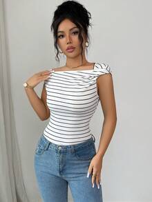 Modelyn 女士条纹褶皱修身休闲日常T恤 - 彩色 - 查看 4