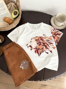 SHEIN Kids Boys Summer Casual T-Shirt Set,Classic Cool Lion Pattern Animal Cartoon Print White Short Sleeve Top And Khaki Shorts 2-Piece Set For Holidays - Khaki - View 6