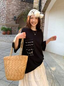 DAZY Women's Round Neck Embellished Korean Style Casual Summer Versatile Beaded T-Shirt Graphic Tees Women - Black - View 5