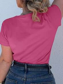 Jeta Ari Kaos Wanita Lengan Pendek Kasual Longgar Musim Panas Warna Polos Bordir Hati - Hot Pink - View 8