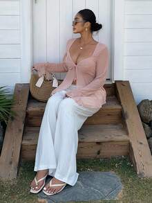 Dazy Plus Mesh Flare Sleeve Tie Front Vacation Style Plus Size Women Top, Spring/Summer - Baby Pink - View 3