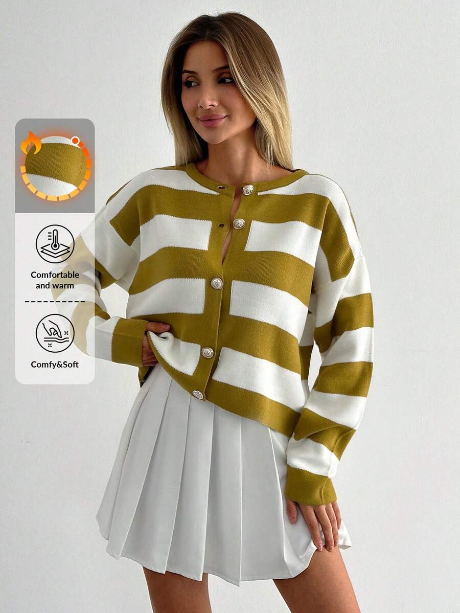 SHEIN Cottnline Women's Button Front Long Sleeve Striped Minimalist Sweater, Casual For Everyday Wear - Mustard Yellow - View 1