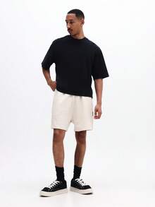 SUMWON Cream Herringbone Pattern Drawstring Casual Shorts With Elastic Waistband Regular Fit Summer Bermuda Style Mid Thigh Length Relaxed Comfort Shorts - Apricot - View 3