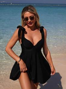 Swim Lushoire Women's Tie-Up Ruched Swimsuit Set, Spring/Summer - Black - View 3