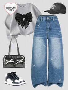 SHEIN ChillGRL 少女Y2K风格牛仔裤，浅蓝色水洗，饰有水钻，时尚阔腿版型，百搭休闲，多种搭配选择，精致单品，适合所有季节的女孩牛仔裤 - 中等水洗藍 - 查看 5