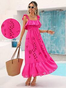 Vivid Eden 女士镂空荷叶边连衣裙，时尚度假之选 - 藍色 - 查看 3