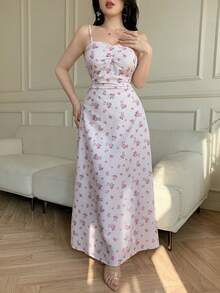 Celisse Women's Contrast Lace Floral Pattern Ruffle Elegant Camisole Dress - Pink - View 3