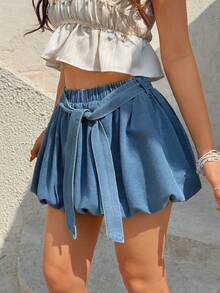 Sunnyshic Chân váy chữ A denim họa tiết hoa, kiểu dáng thường ngày, có thắt lưng, dành cho nữ, thích hợp cho mùa hè. - Rửa nhẹ - Xem 4