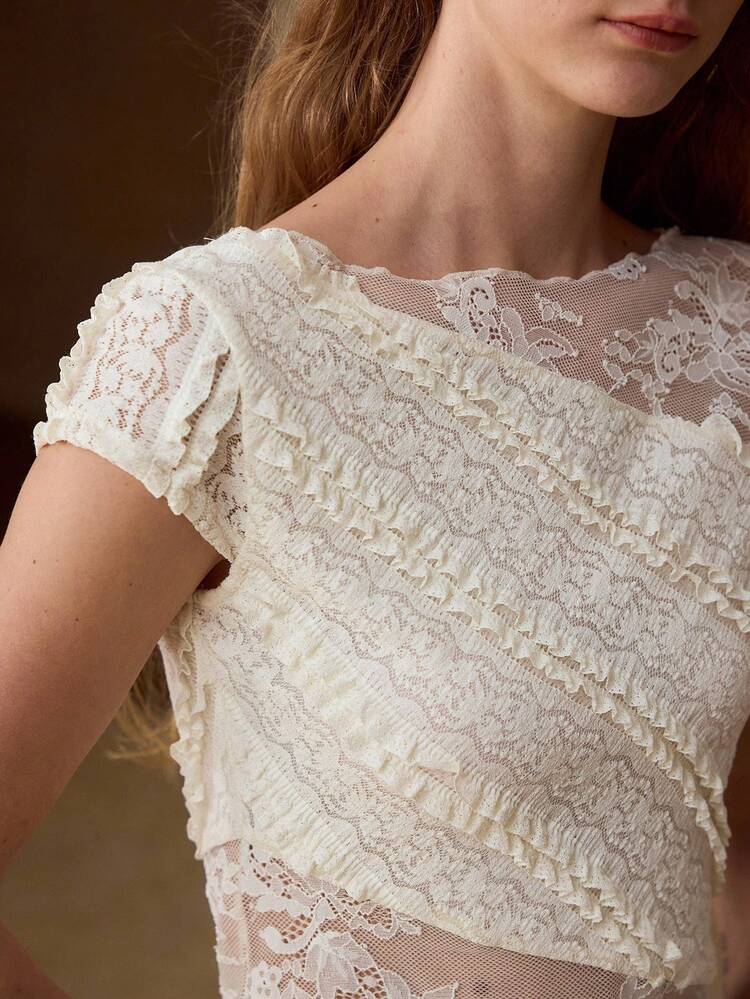 WOMEN'S LACE PATCHWORK ASYMMETRIC DESIGN LACE T-SHIRT, SPRING/SUMMER