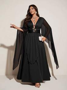 Viva Relle Sexy & Elegant Solid Color Deep V-Neck Waist Cinched Long Dress - Black - View 8